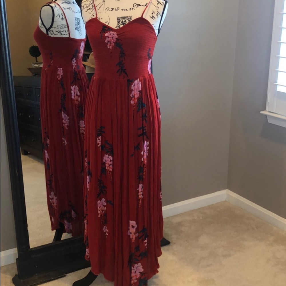 Free People Hi-Low Red Pink Floral Summer Maxi